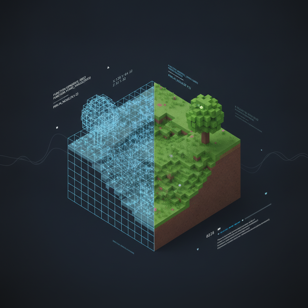 An inline image demonstrating the concept of procedural generation and rendering optimization, showing the transition from wireframe data to rendered voxels.