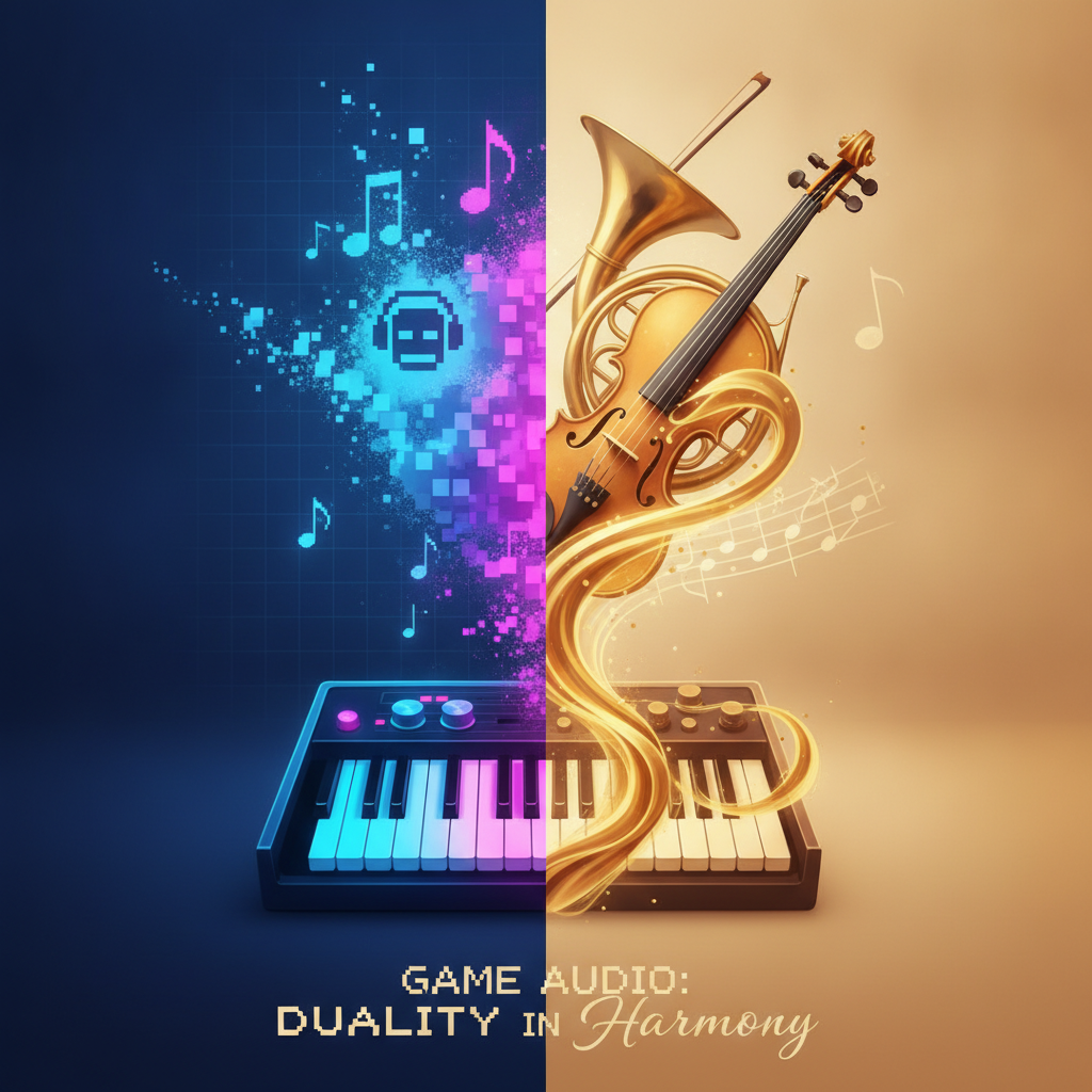 An inline graphic illustrating the balance between 8-bit chiptunes and rich orchestral music.