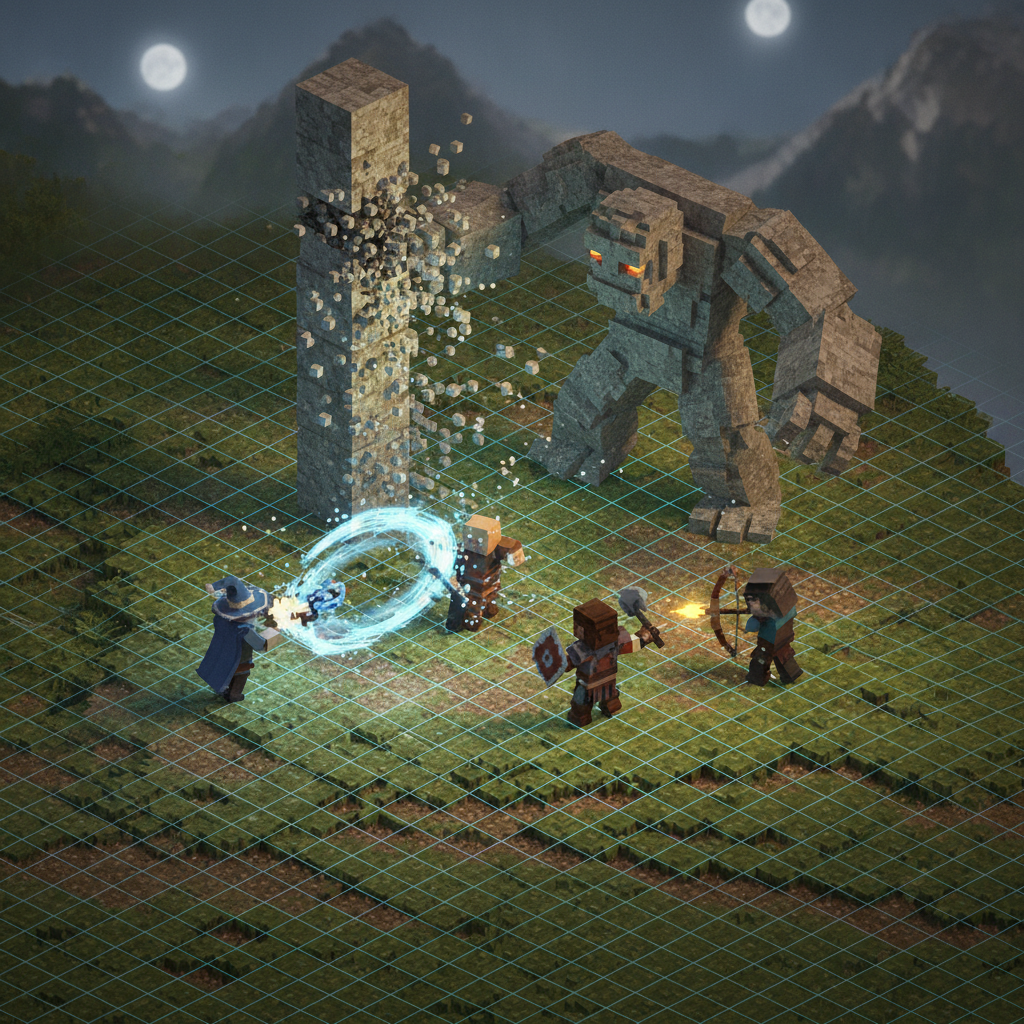 An isometric view of a tactical turn-based battle scene, showcasing the destructible voxel environment and character party.