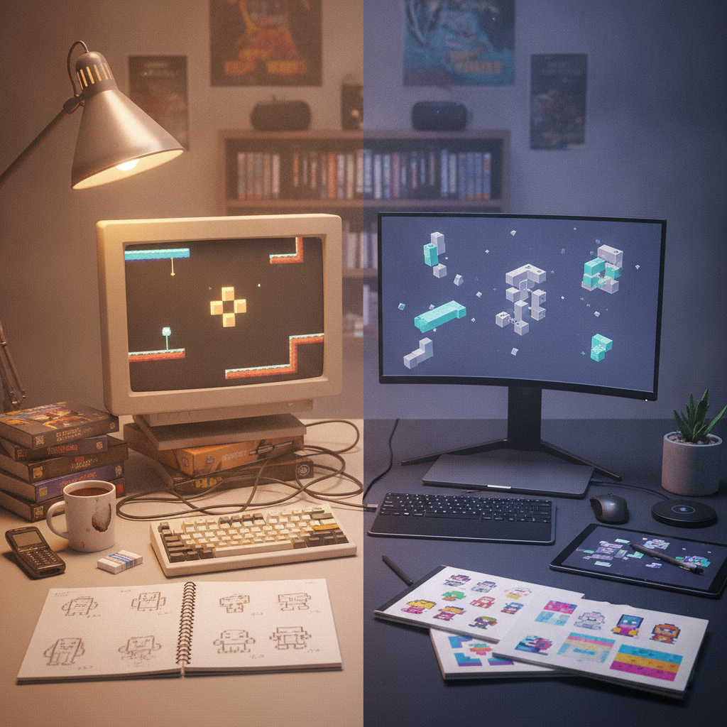Visual for the 'Our History' section, representing the evolution of the studio from retro roots to modern voxel tech.
