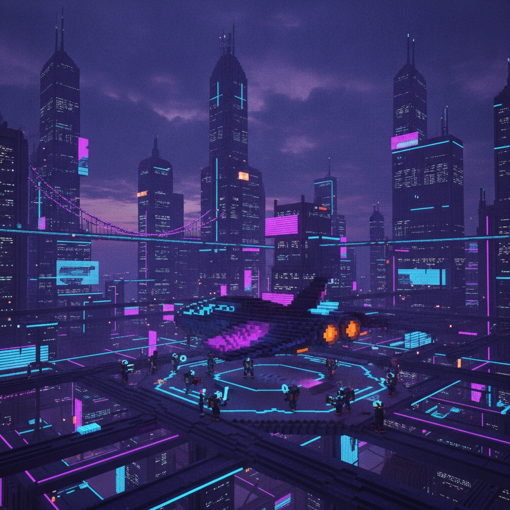 A dynamic action scene from the studio's latest sci-fi voxel RPG game showing a spaceship landing on a neon-lit cyber-grid planet.