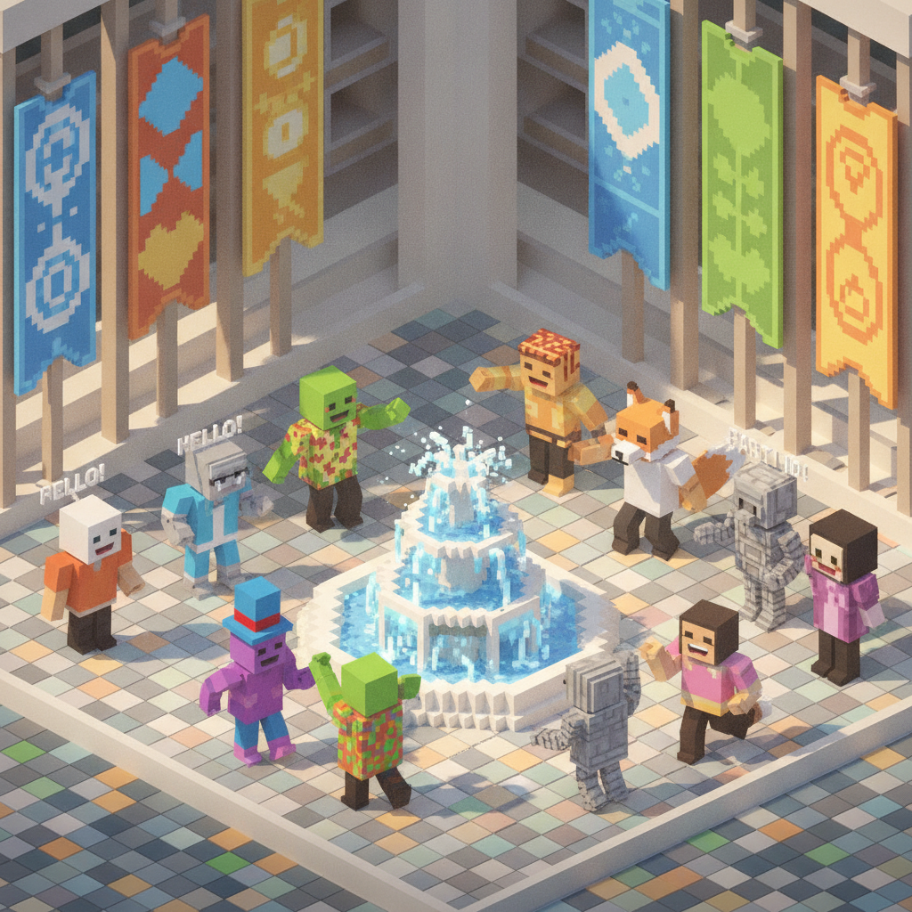 An image showcasing the multiplayer and community aspect of Voxel Quest games.