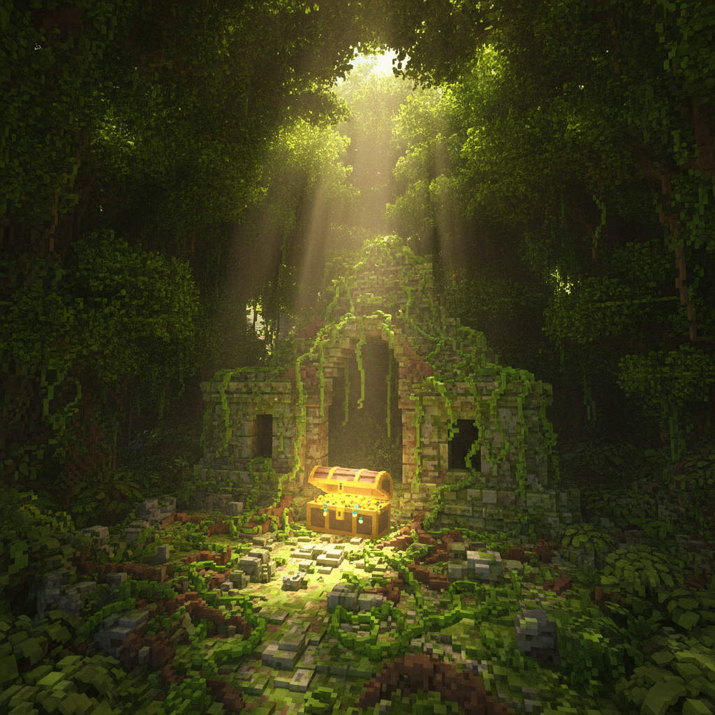 A lush voxel-art jungle temple scene with ancient ruins, overgrown vines, and a sparkling treasure chest.
