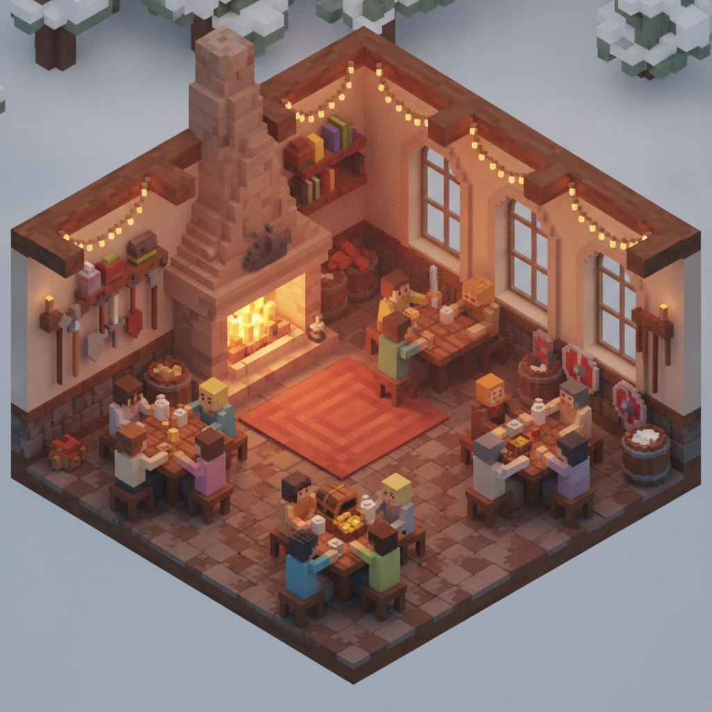 A cozy, detailed voxel-art tavern interior filled with adventurers, glowing hearth fire, and wooden tables.
