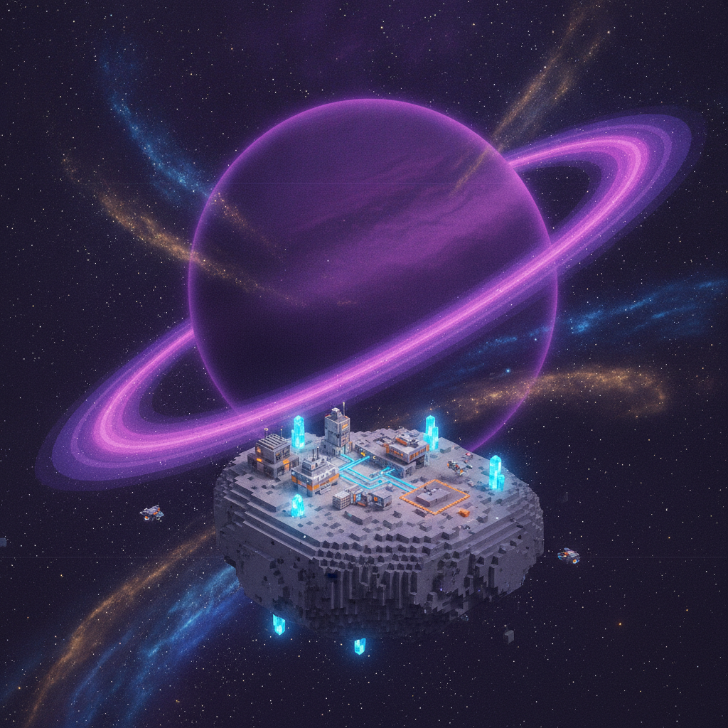 An interstellar voxel-art scene featuring a ringed gas giant planet and a small mining outpost on an asteroid.