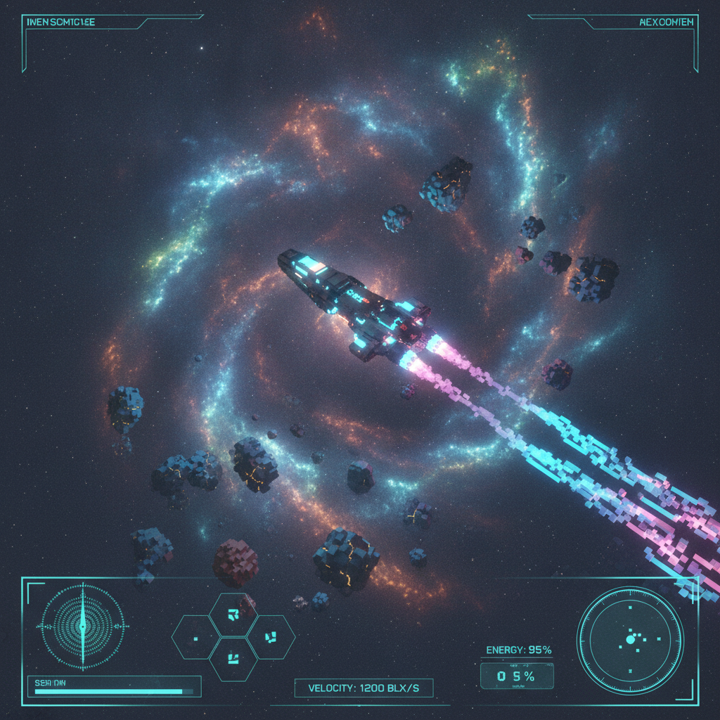 A screenshot mockup of a sci-fi space game created by Voxel Quest Games to show in their portfolio gallery.