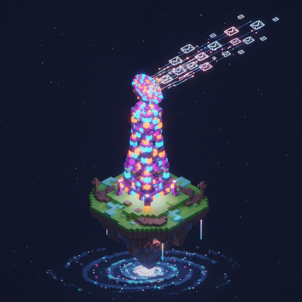Hero banner for the contact page, showing a futuristic voxel-art post office or communication hub with glowing signals.