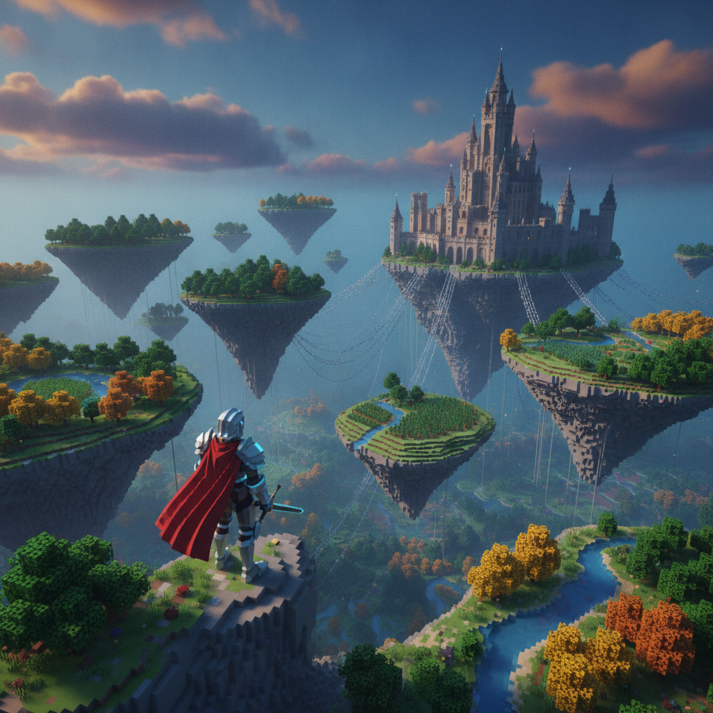 A breathtaking, wide-angle cinematic view of the massive voxel fantasy world of Voxel Quest Legends, showcasing its scale, floating islands, and a hero character looking out over the horizon.
