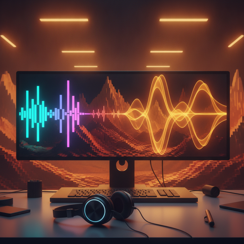A striking visual representation of retro-modern game audio design, blending blocky voxel aesthetics with professional sound wave visualization.