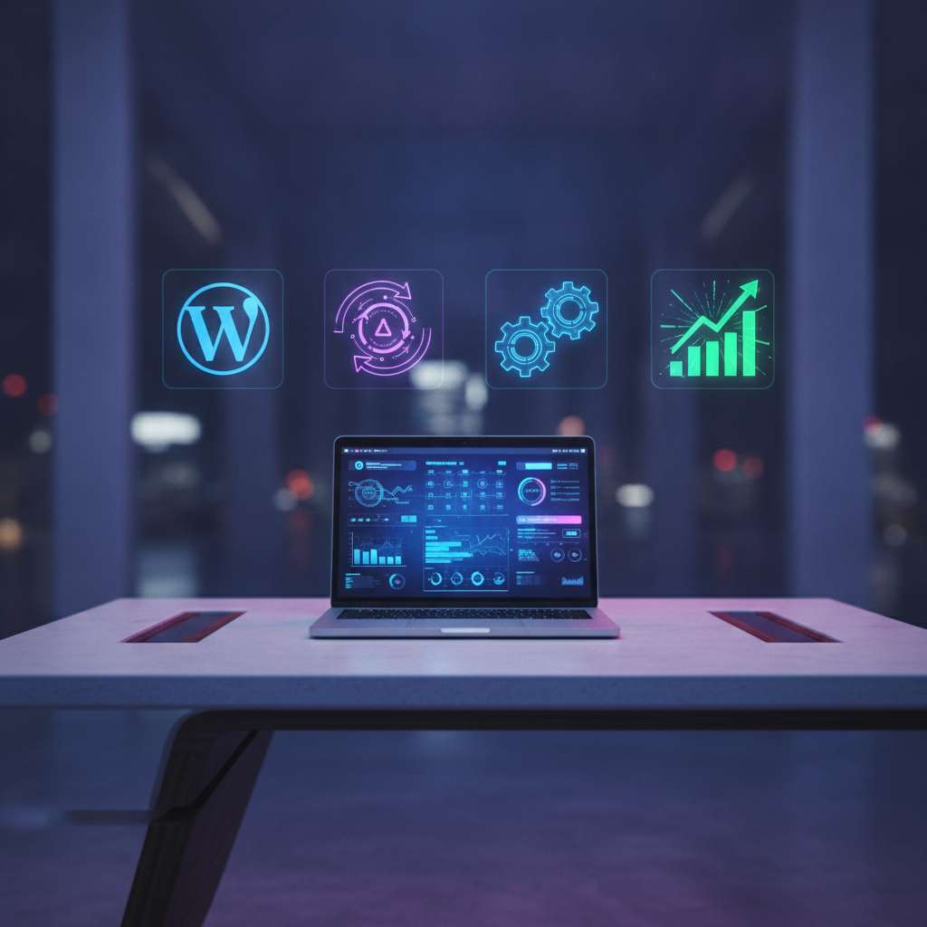 Main hero image representing business automation on WordPress, showcasing a sleek, futuristic workspace where business processes run seamlessly on autopilot.