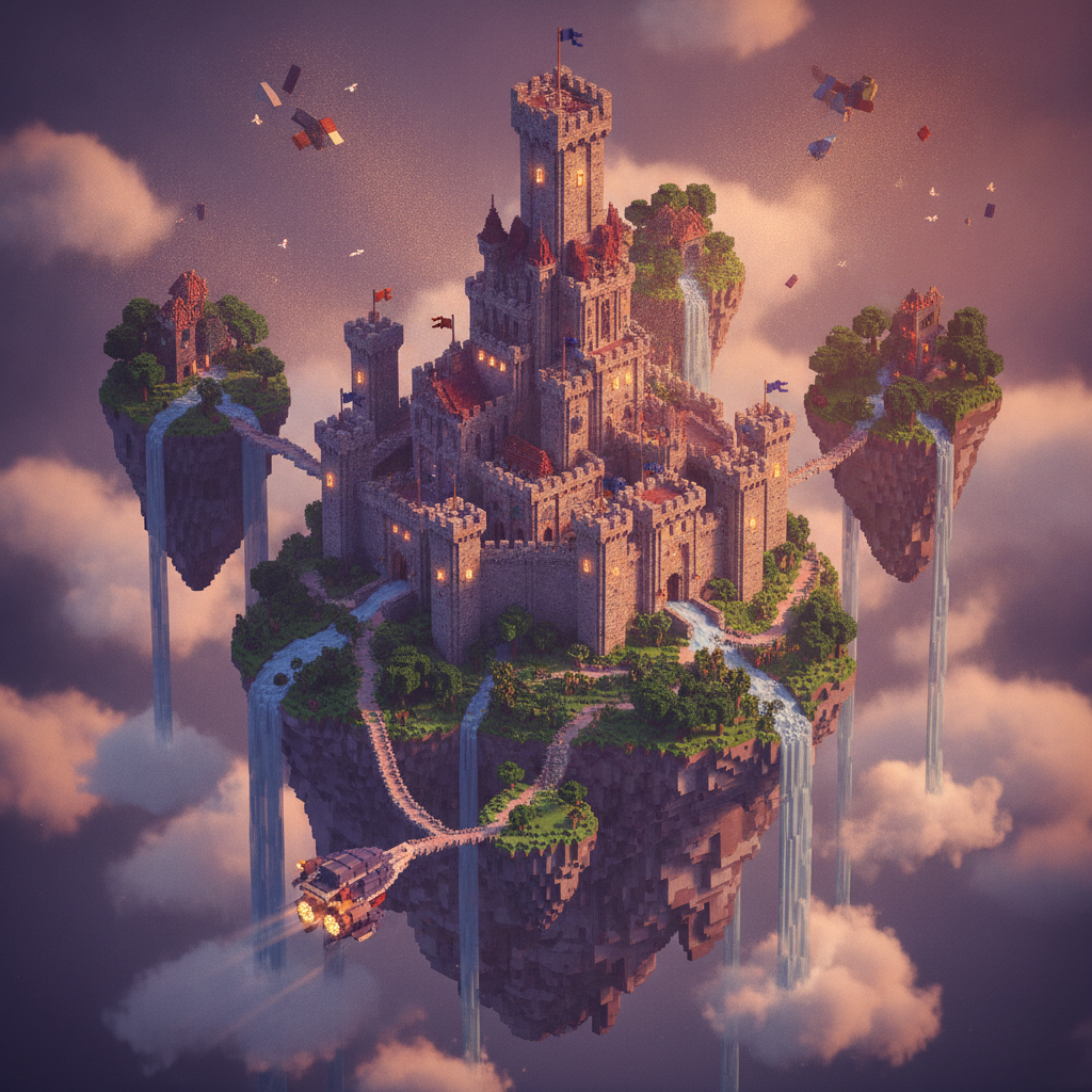 An epic, sprawling voxel-art fantasy world featuring floating islands, a majestic castle, and a tiny adventurer looking out over the horizon. This represents the flagship game style of Voxel Quest Games.