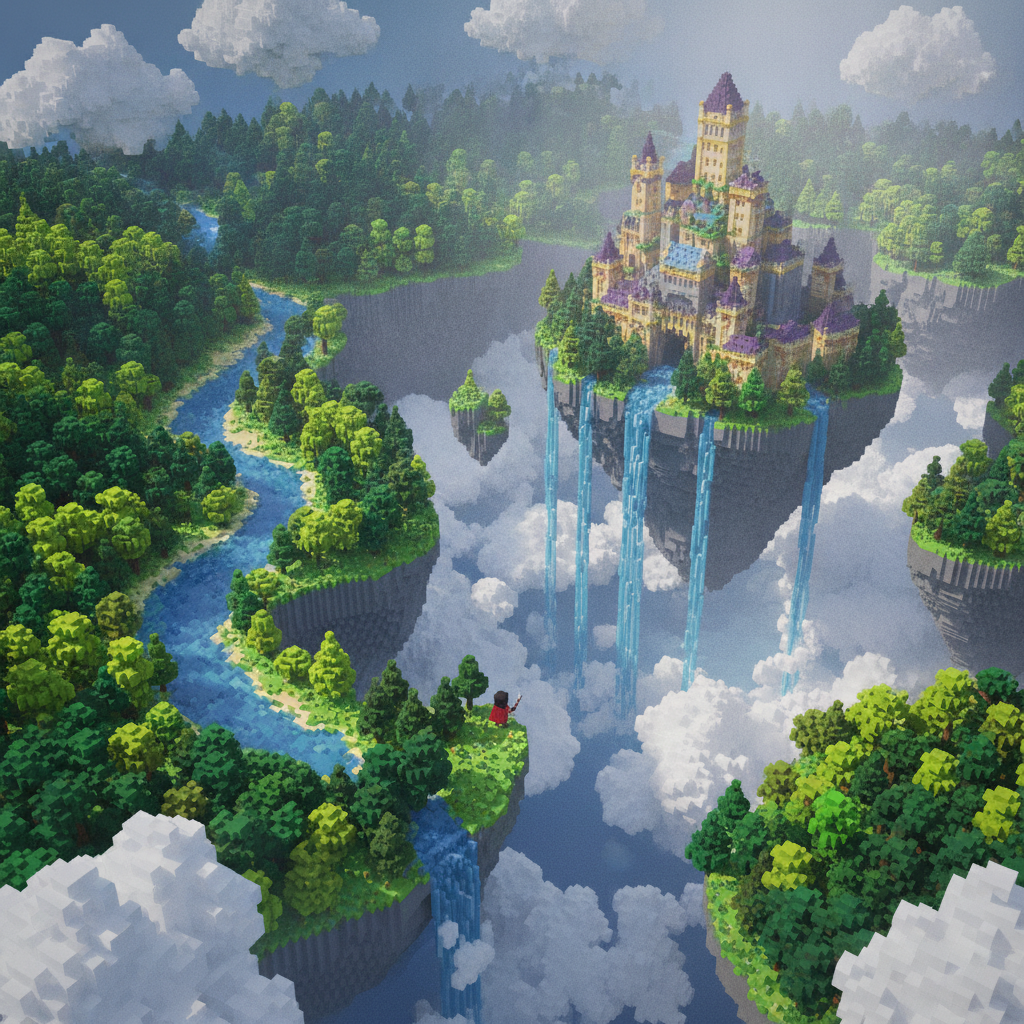 A breathtaking, epic showcase of a vibrant voxel-art fantasy world, serving as the main hero banner for the game portfolio.
