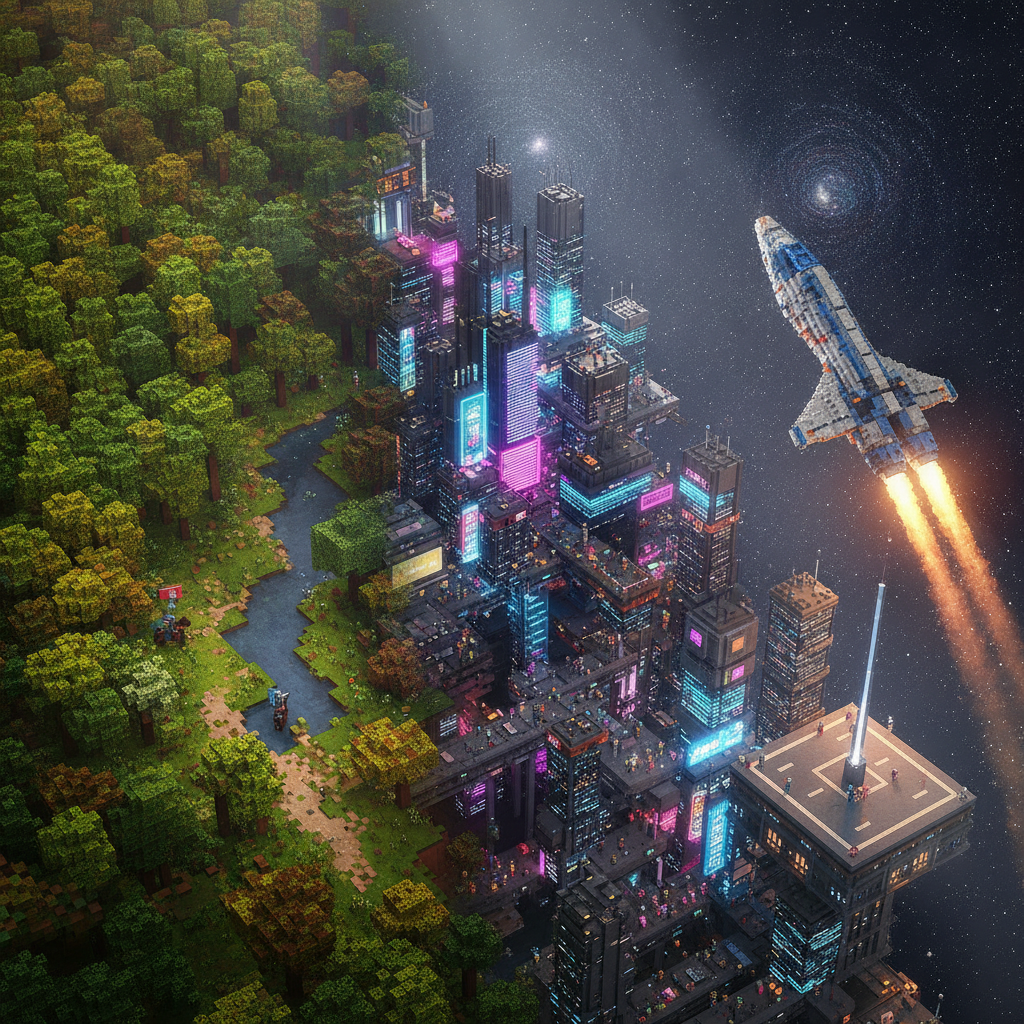 A breathtaking, epic collage of various voxel-based game worlds merging together, showcasing the studio's diverse game portfolio.