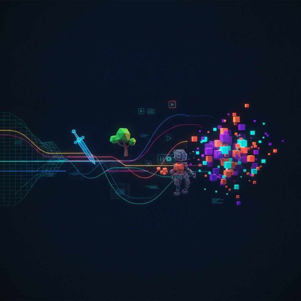 Illustration showing the custom voxel engine and development tools used by the studio.