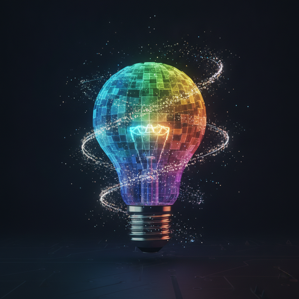 An abstract representation of game development creativity, showing a brain or lightbulb constructed out of glowing, colorful voxel blocks.