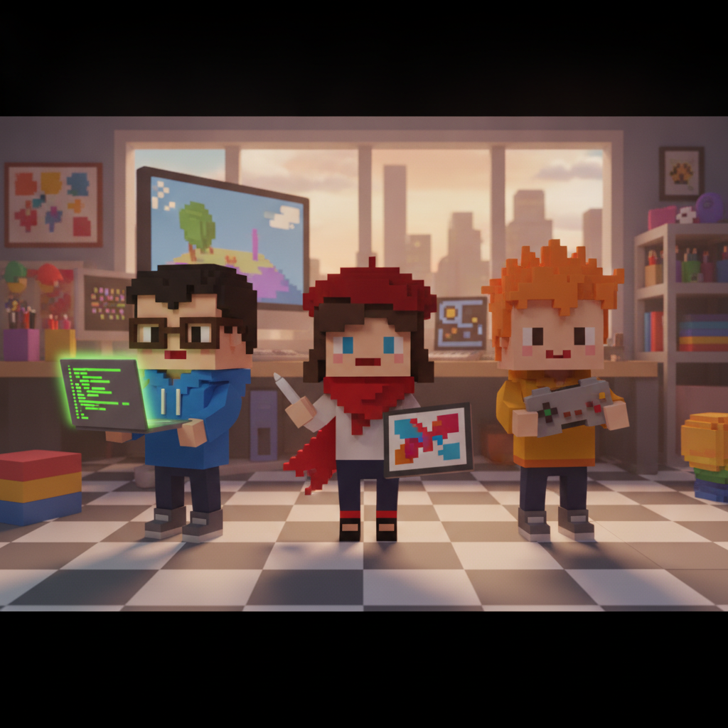 A quirky and fun lineup of voxel-art characters representing the diverse game development team (developers, artists, designers).