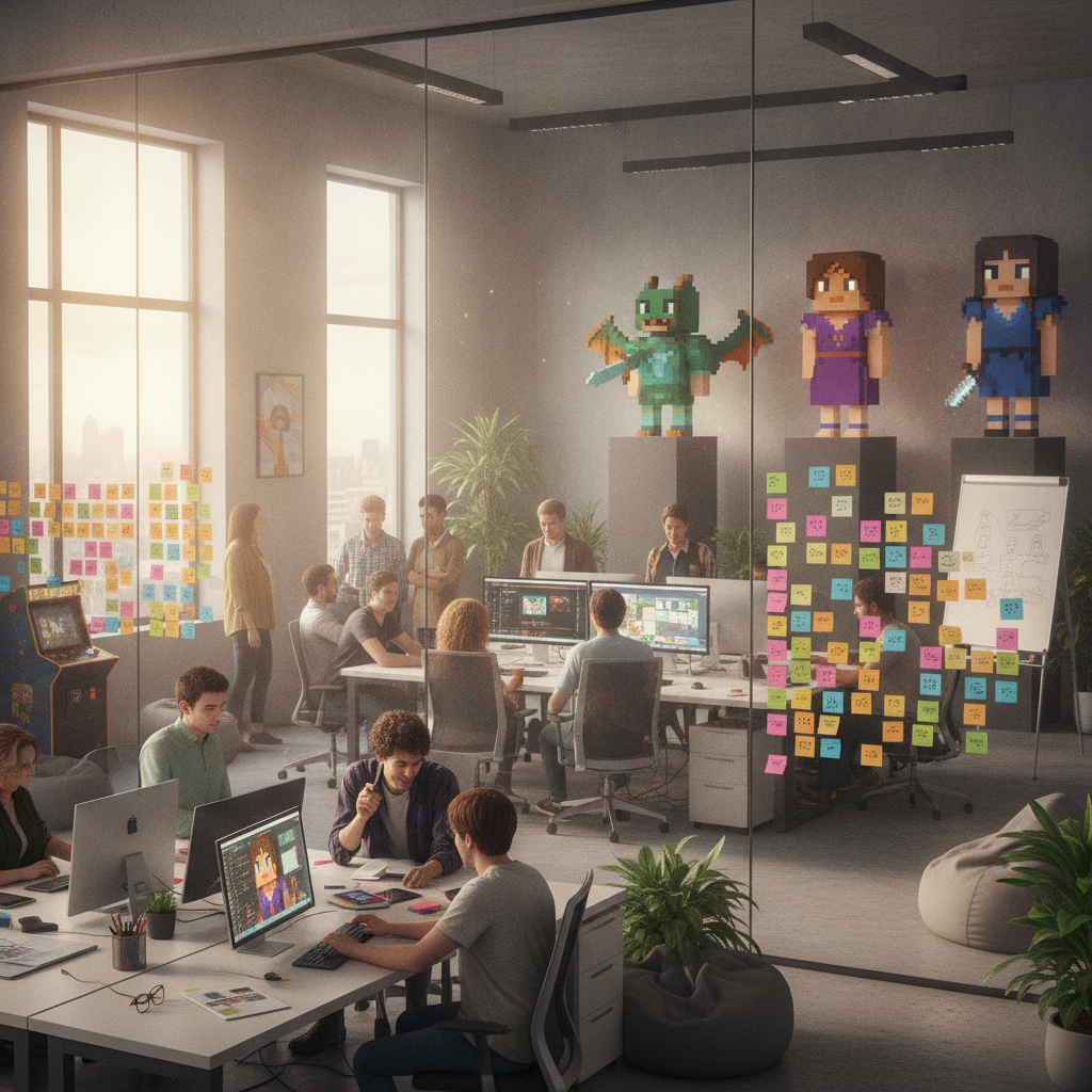 A stylized representation of the game development team collaborating in a creative studio environment.